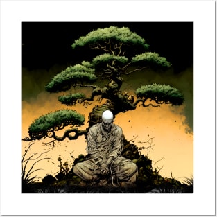 Tranquility in Chaos: Meditating Under the Japanese Bonsai Tree on a Dark Background Posters and Art